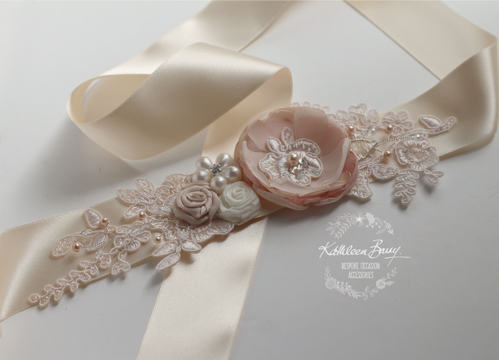 Emma Wedding dress sash belt - floral with lace - Blush pink ivory cream