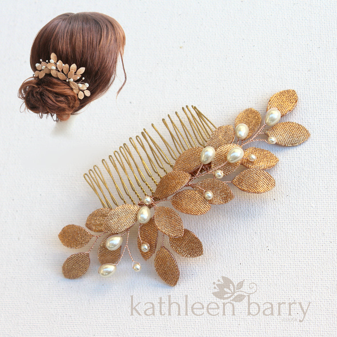Irma metallic leaf and pearl hair comb - rose gold, gold or silver