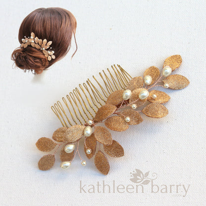 Irma metallic leaf and pearl hair comb - rose gold, gold or silver