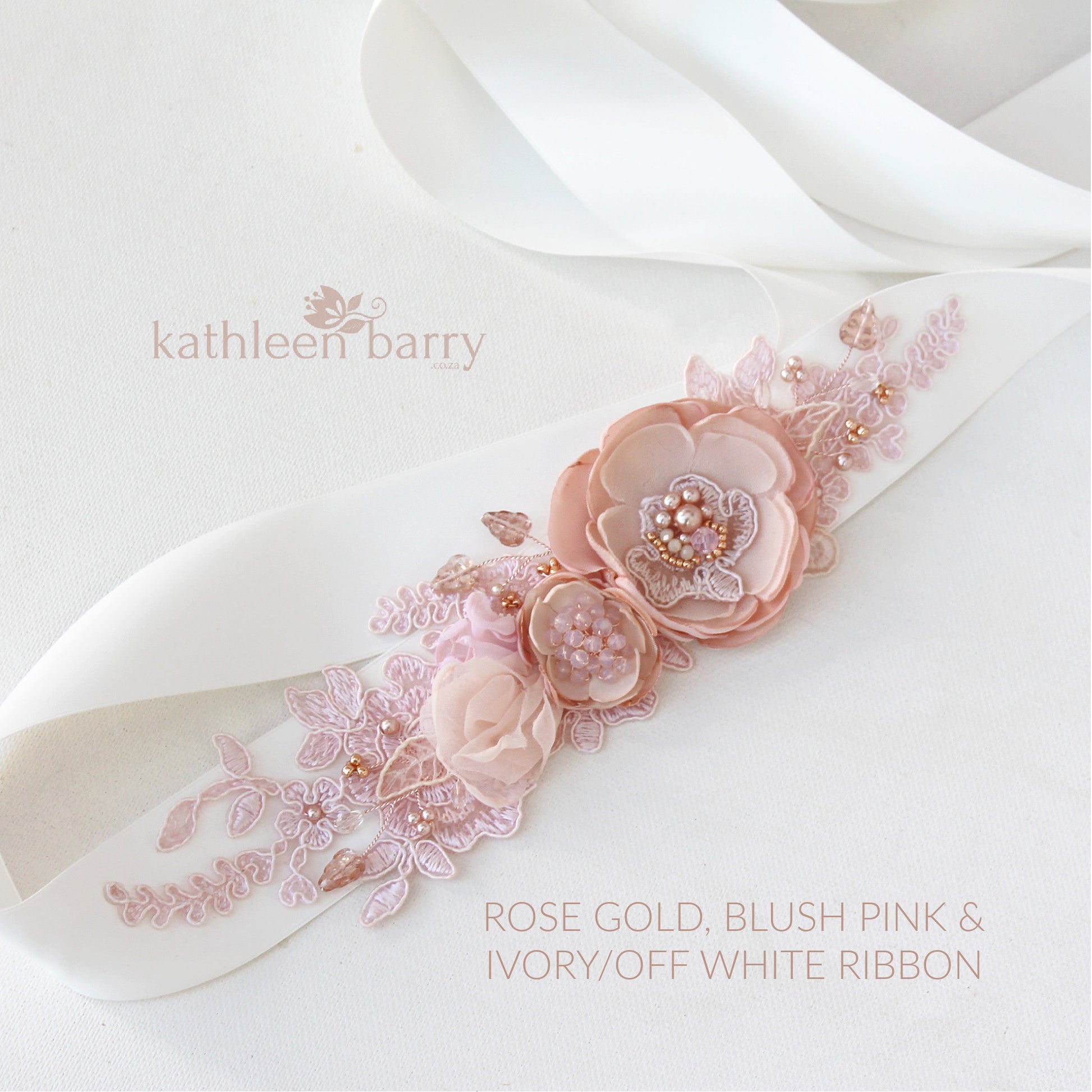 Wedding dress sash bridal belt floral with lace Blush pink rose gold online shop Kathleen Barry Bespoke Occasion Accessories Wedding dress sash bridal belt floral with lace Blush pink rose gold online shop Kathleen Barry Bespoke Occasion Accessories
