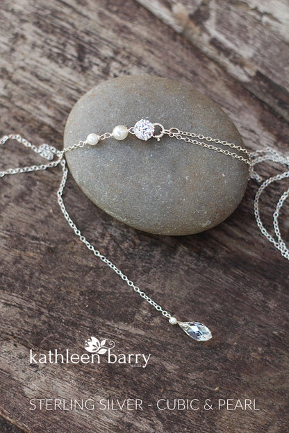 Kirsten Back drop silver, cubic Zirconia and OR pearl necklace. Rose gold & gold also available