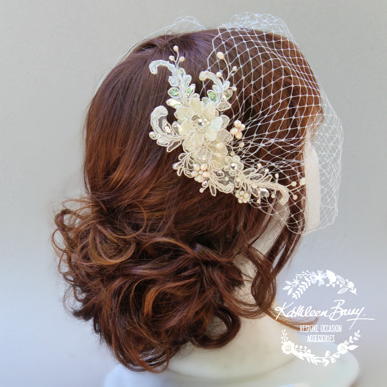 Gabriella Bridal Lace Rhinestone hair piece, 3D lace flower in 'ivory nude blush' with silver tones