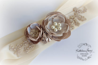 Bernice Wedding dress Sash with lace & handmade fabric flower detailing in taupe, Ivory, cream