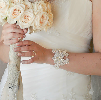 Lace cuff bracelet - bridal wedding lace cuff crystal and pearl embellished - wedding accessories