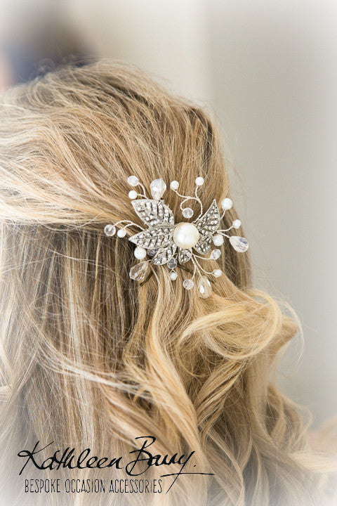 Snowdrop Bridal Rhinestone Leaf Pearl & Crystal hair pin veil comb Wedding accessory