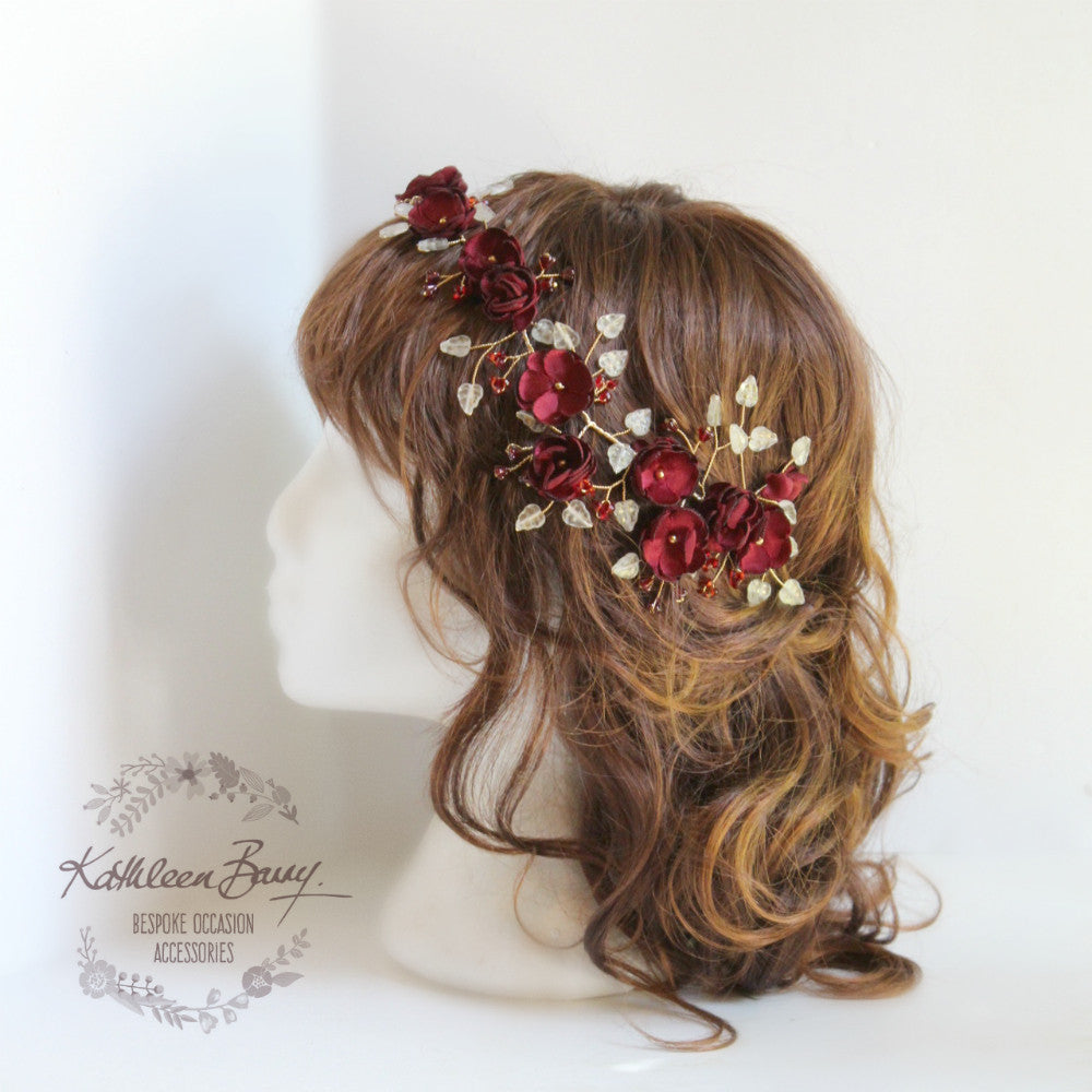 Wendy Burgandy gold flower crown / headband - Bride hair wreath