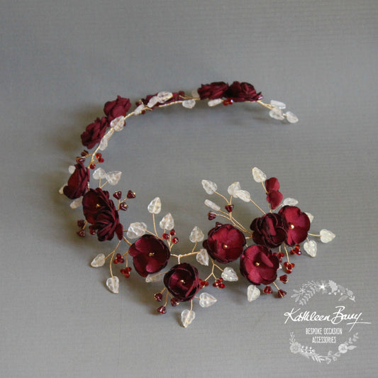 Wendy Burgandy gold flower crown / headband - Bride hair wreath