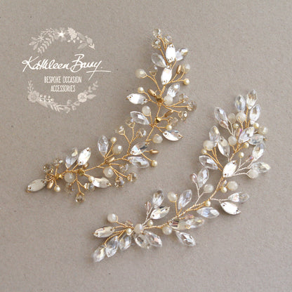 Celeste Leaf Art deco style Crystal Rhinestone & Pearl - Pale gold, silver or rose gold