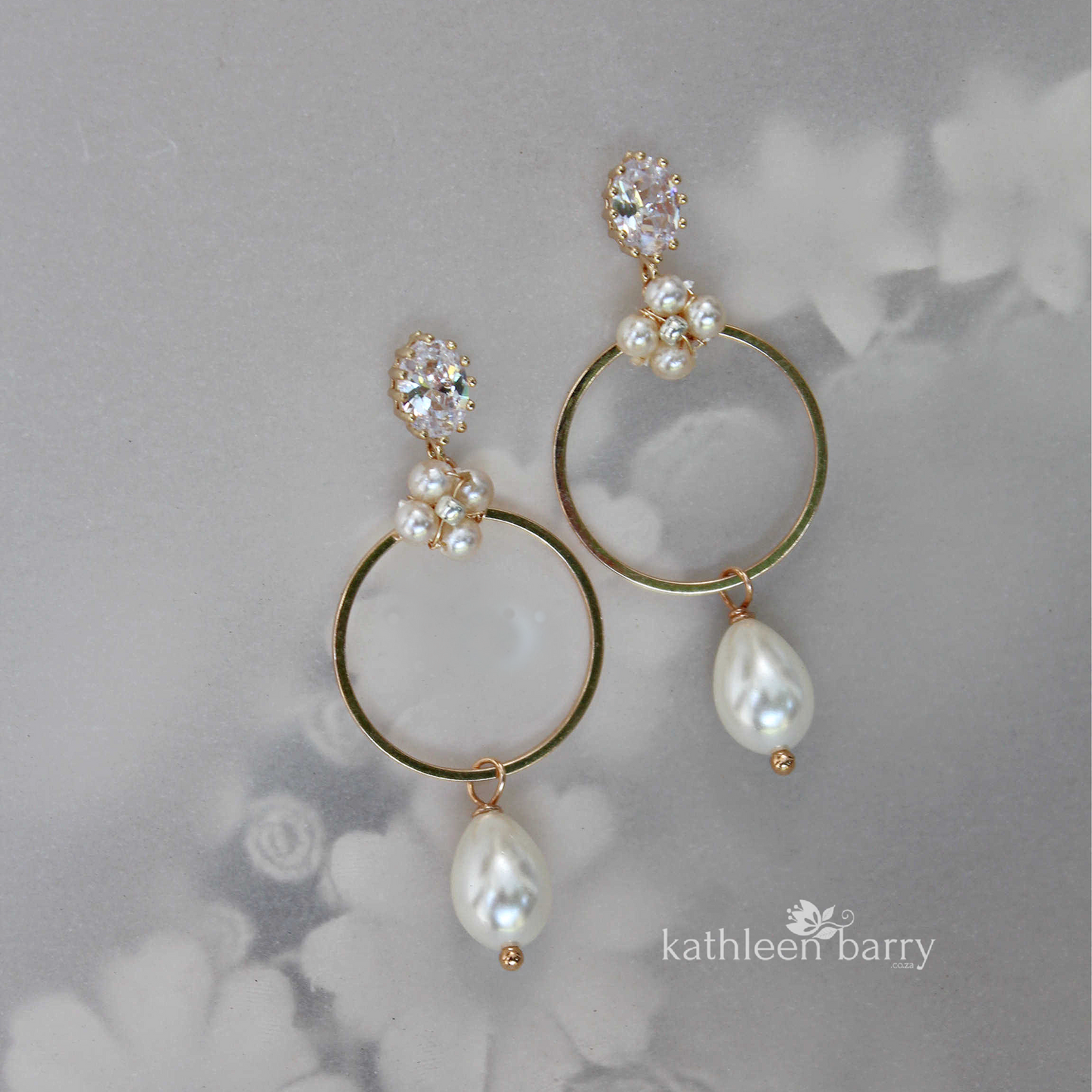 Cindy floral hoop, pearl drop Cubic zirconia earrings - Only available in gold