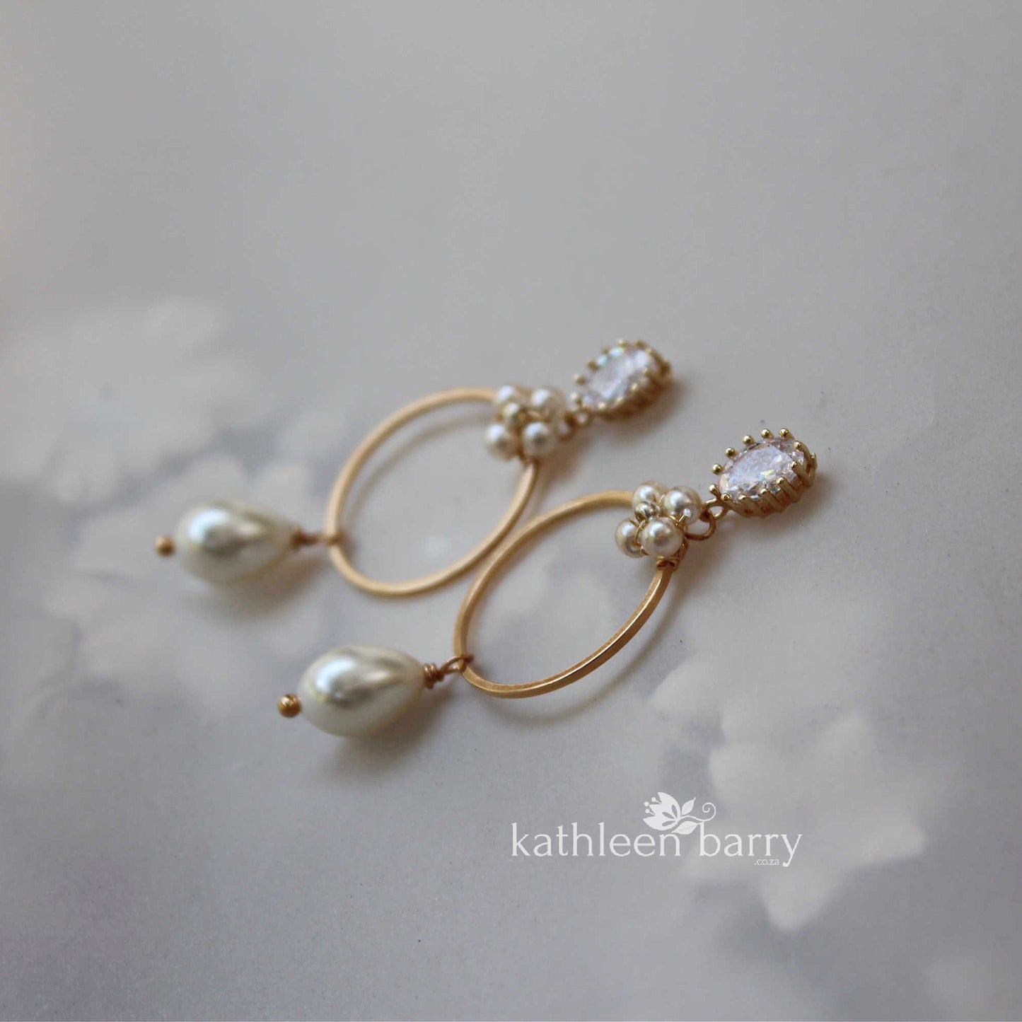 Cindy floral hoop, pearl drop Cubic zirconia earrings - Only available in gold