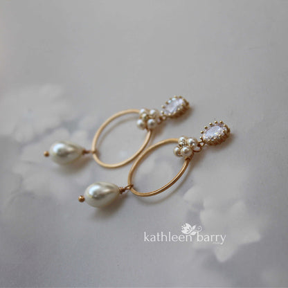 Cindy floral hoop, pearl drop Cubic zirconia earrings - Only available in gold