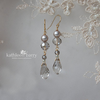 Smokey silver grey Clare Earrings Crystal & Pearl Gold, silver or rose gold option (also available in clear)