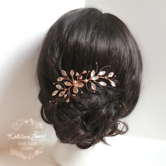 Marelize leaf hair pin copper rhinestone - rose gold or silver