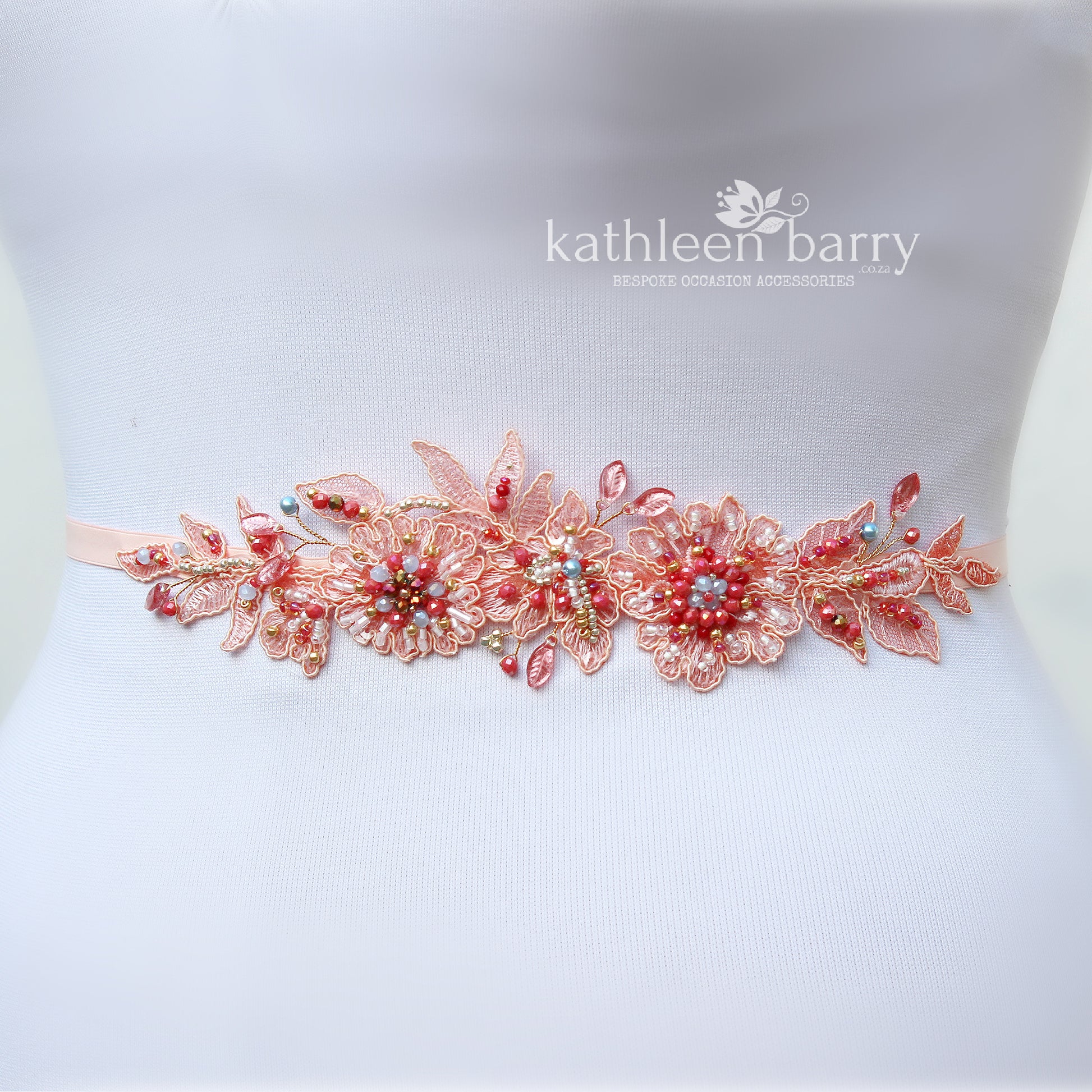 Coral beaded lace bridal wedding dress belt with floral detail - Custom colors to order Kathleen Barry Bespoke Occasion Accessories Coral beaded lace bridal wedding dress belt with floral detail - Custom colors to order Kathleen Barry Bespoke Occasion Accessories