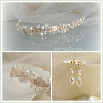 Veronique leaf detail crystal & pearl head band or tiara available in Silver, gold or rose gold finish