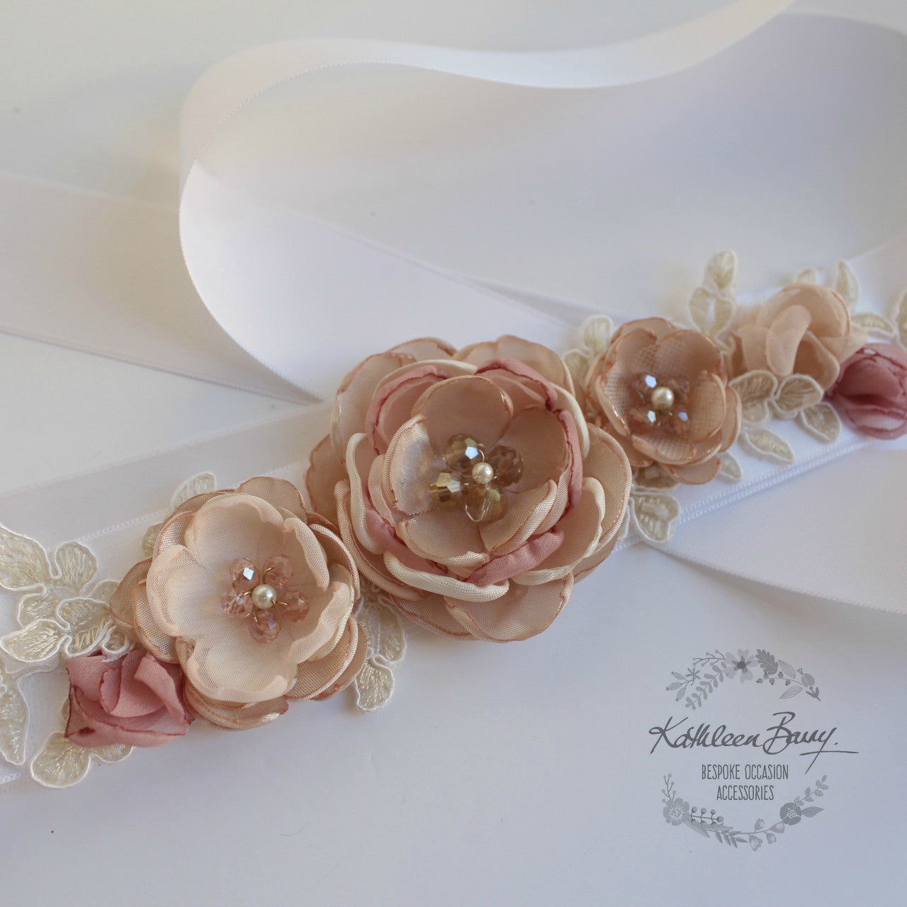 Leah Wedding dress sash belt - floral with lace - Blush pink and dusty pink - bridal accessories