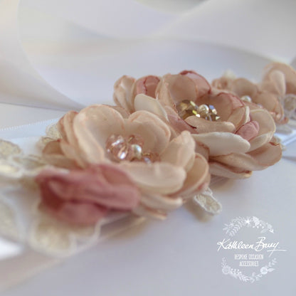 Leah Wedding dress sash belt - floral with lace - Blush pink and dusty pink - bridal accessories