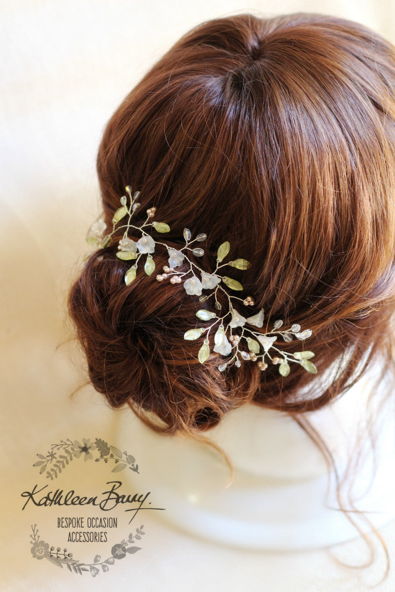 Fallon Crystal & Pearl Organic Hair Vine Floral Spray, Wedding Hair Accessories