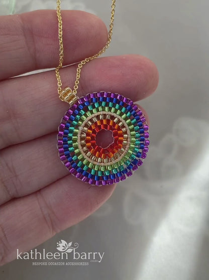 Naomi rainbow mandala pendent necklace available in Silver, gold or rose gold finish