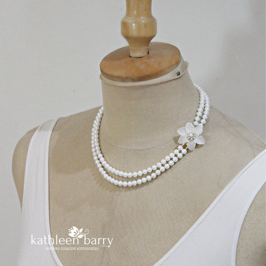 Double strand pearl necklace with focal flower clasp. Silver, rose gold or gold - Assorted pearl colors available