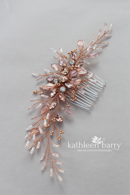 Gillian feathered leaf Rose gold bright copper hairpiece - available in Rose gold, Gold or Silver