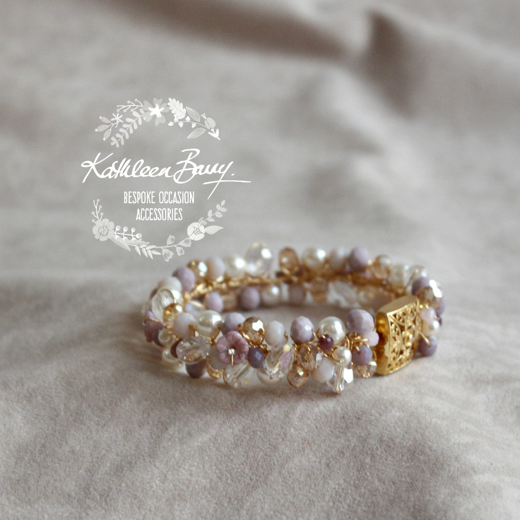 Jackie Lilac Plum Lavender Gold Bridal bracelet - Crystal pearl - wedding accessories jewelry