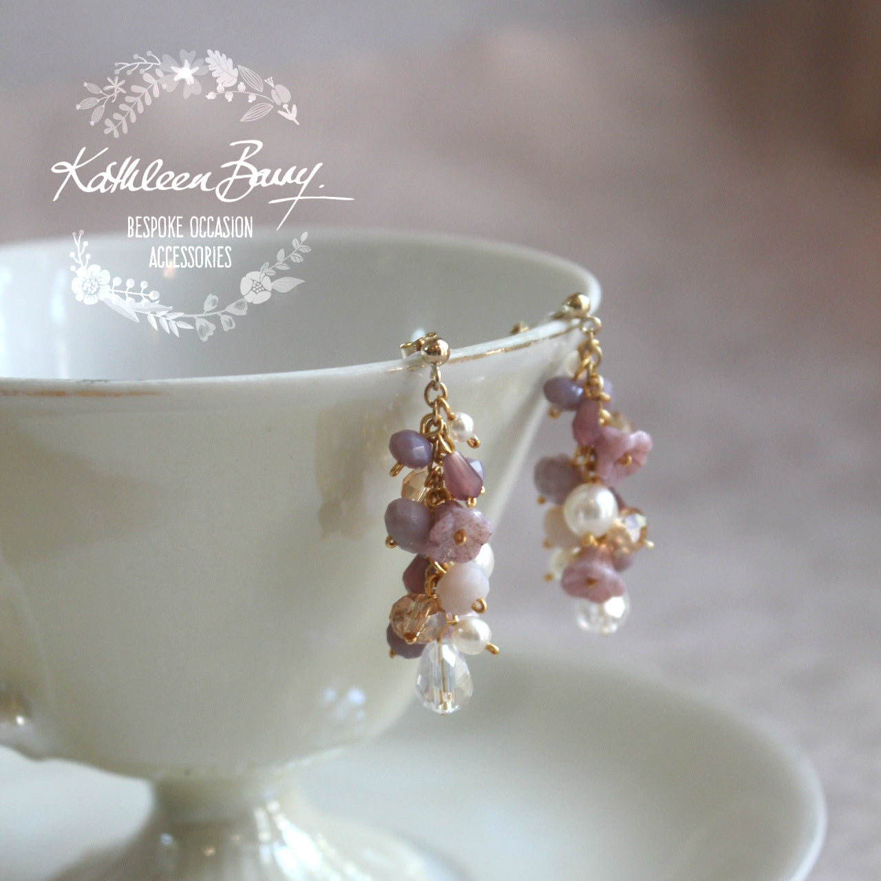 Jackie Lilac Plum Gold Bridal Cluster Earrings - Crystal and pearl - Wedding accessories