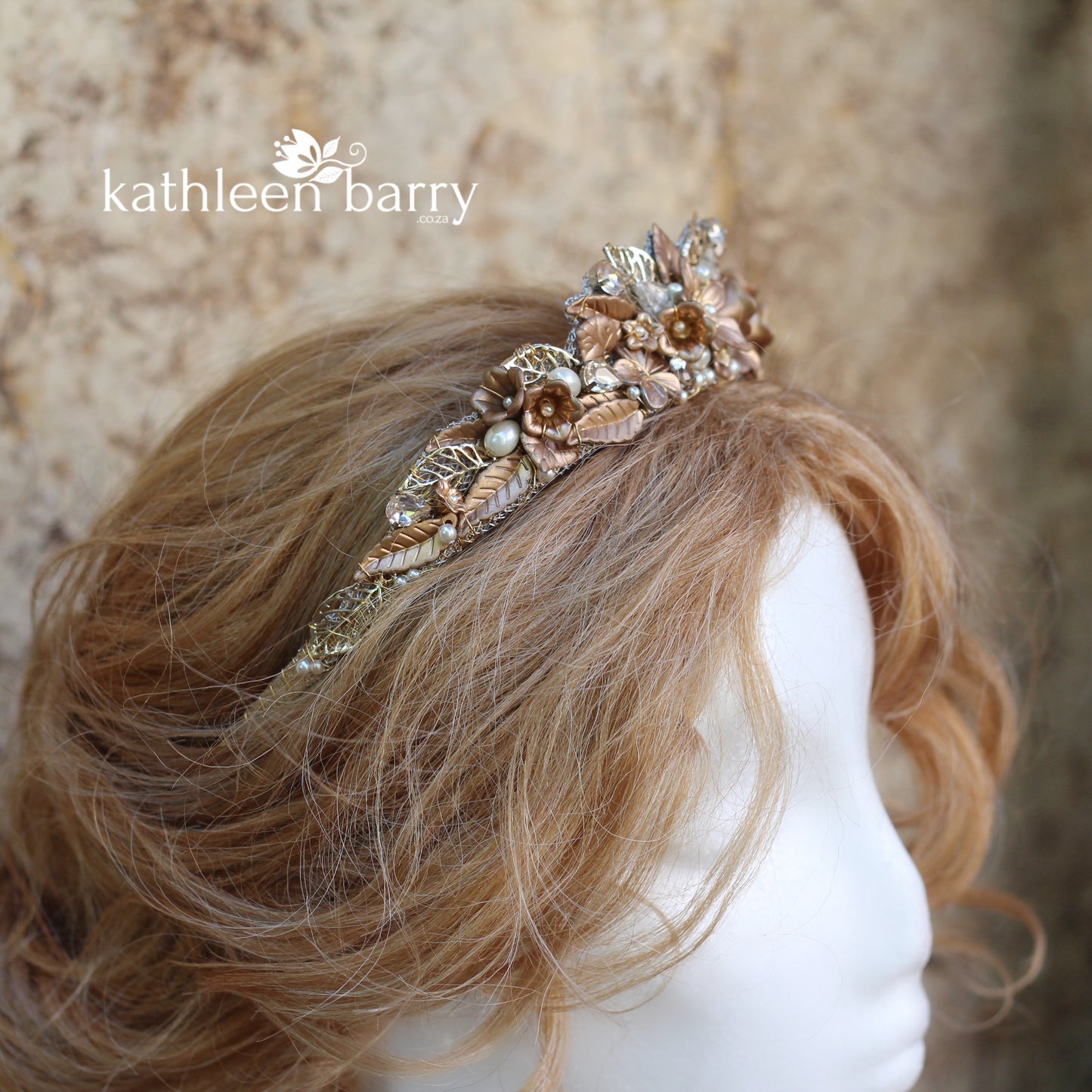 Amy Golden bronze botanical crown with rhinestones and pearls - Colors available