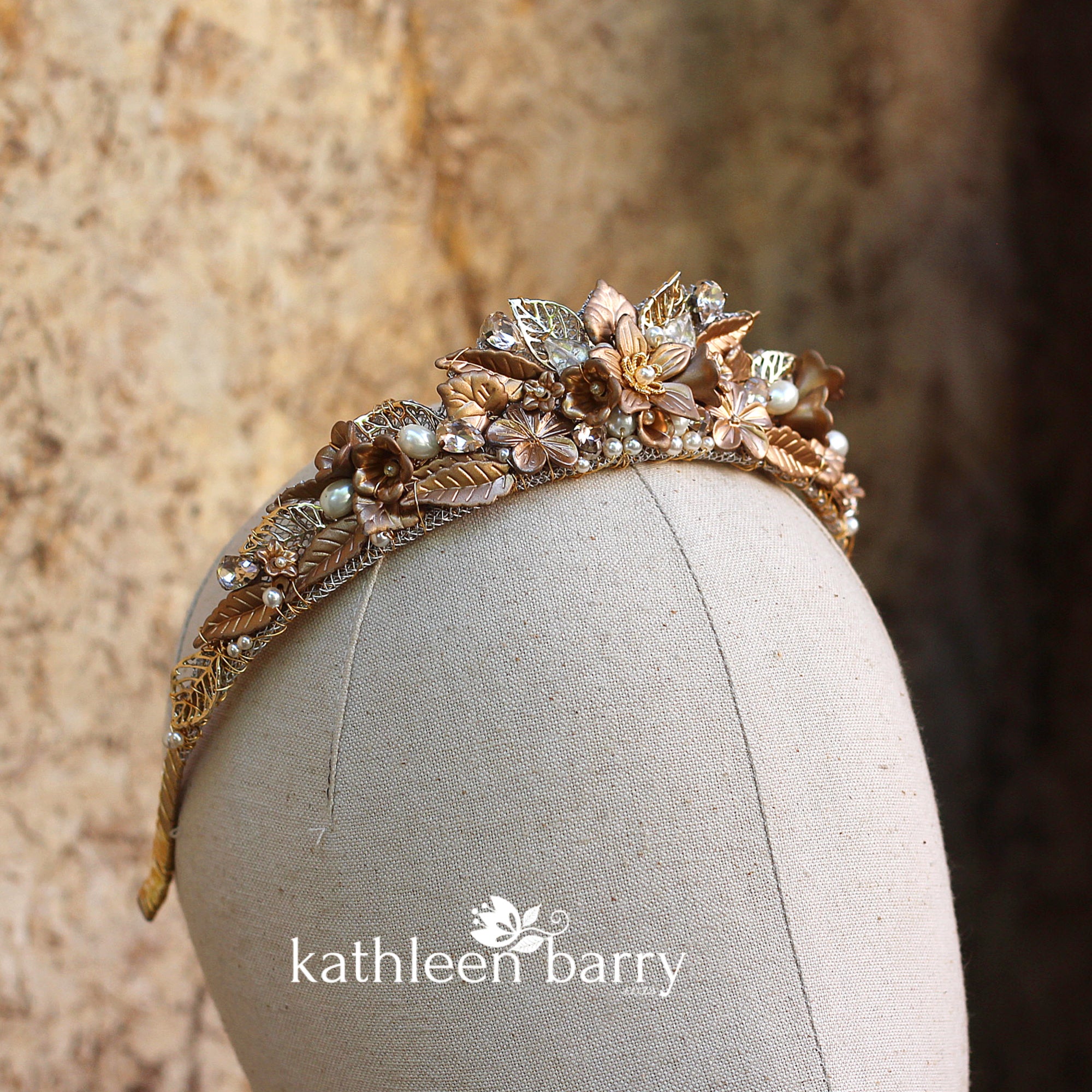 Amy Golden bronze botanical crown with rhinestones and pearls Colors available