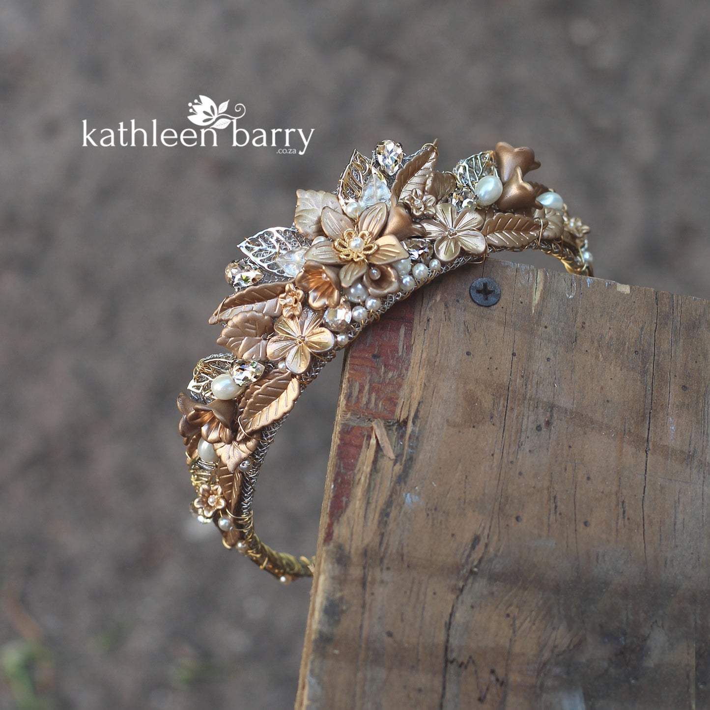 Amy Golden bronze botanical crown with rhinestones and pearls - Colors available
