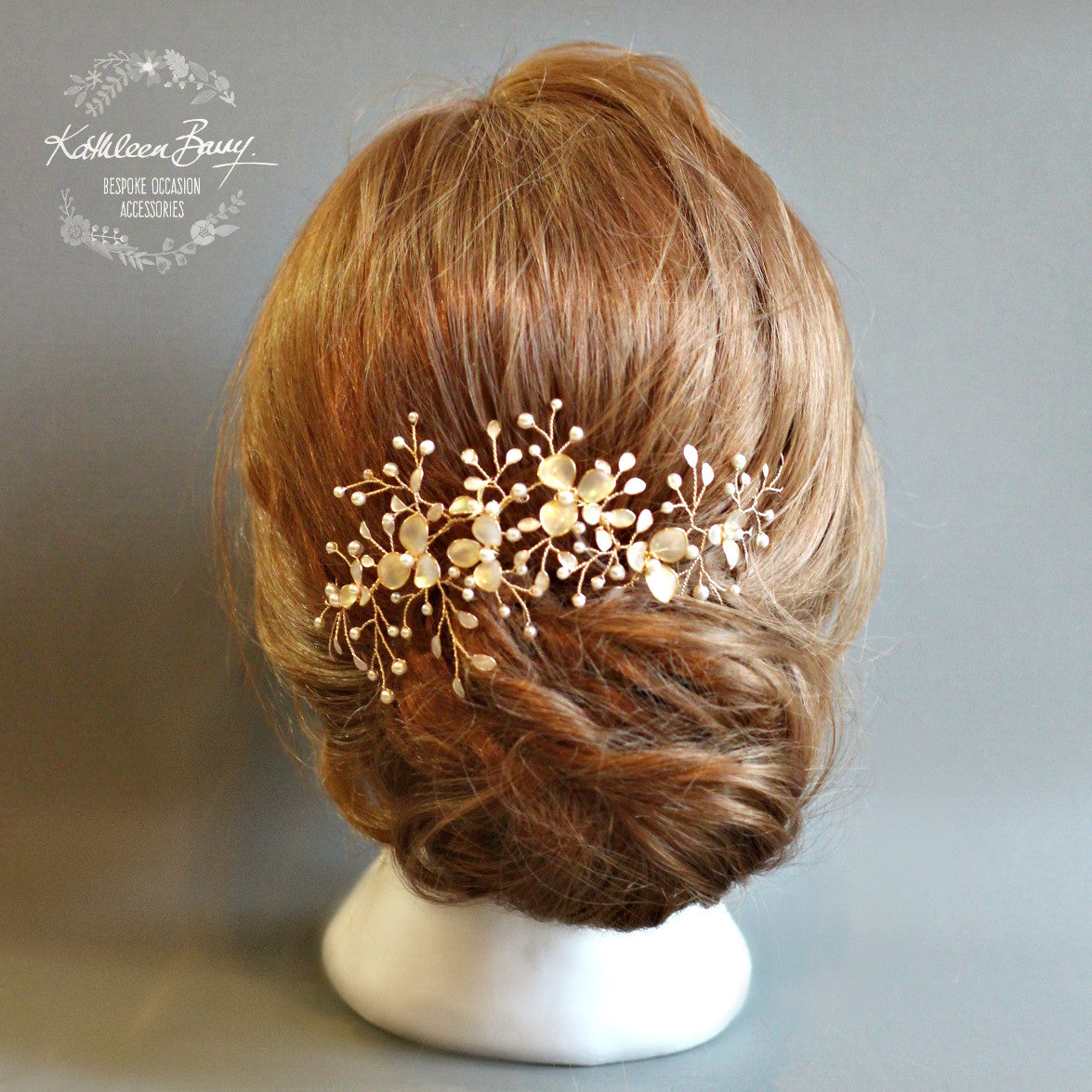 Madelene floral wedding hairpiece, semi opaque flower and leaf detailing, with crystals and seed pearls - Assorted colors available : Gold, silver and rose gold