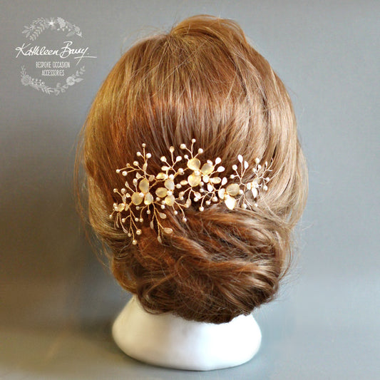 Madelene floral wedding hairpiece, semi opaque flower and leaf detailing, with crystals and seed pearls - Assorted colors available : Gold, silver and rose gold
