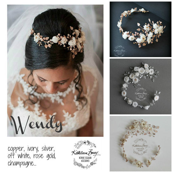 Wendy Burgandy gold flower crown / headband - Bride hair wreath