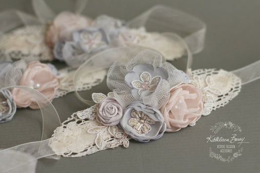 Blush Grey Wrist Corsage Lace fabric flowers - Bridal or Prom - color options available