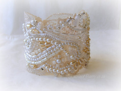 Bridal cuff bracelet lace crystal pearl  - ivory & cream