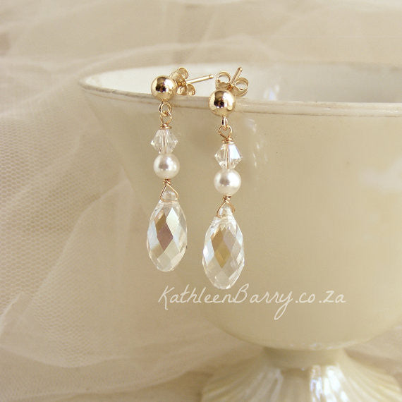 Kate Earrings - Crystal drops with pearls - Rose gold, gold or silver (7 pearl colors available)