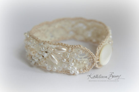 Elmarie vintage Lace Cuff Bracelet - pearl & crystal embellished - wedding bracelet lace - Ivory cream