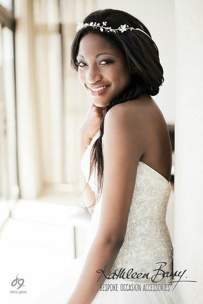 Tracy crystal pearl headband, delicate sculpted fabric flowers and glass leaves - colors available