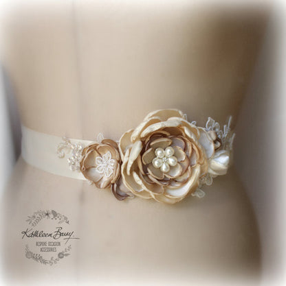 Cafe Latte Wedding Dress sash - Belt - floral bridal sash