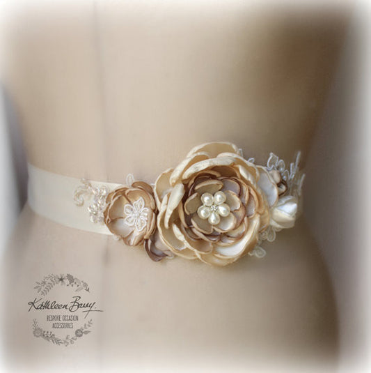 Cafe Latte Wedding Dress sash - Belt - floral bridal sash