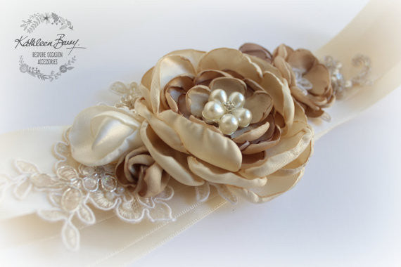Cafe Latte Wedding Dress sash - Belt - floral bridal sash