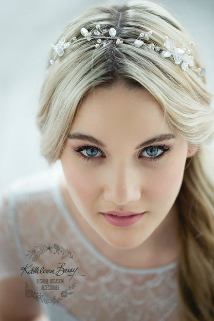 Tracy crystal pearl headband, delicate sculpted fabric flowers and glass leaves - colors available