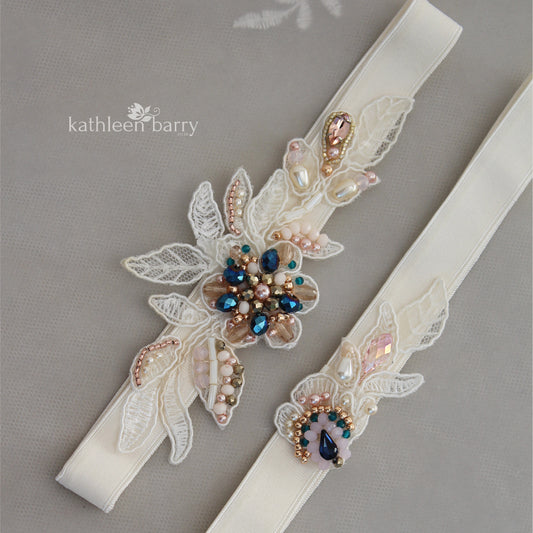 Jennifer herloom Lacel garter set of two - hand beaded colors to order - Available in a set or individually FROM: