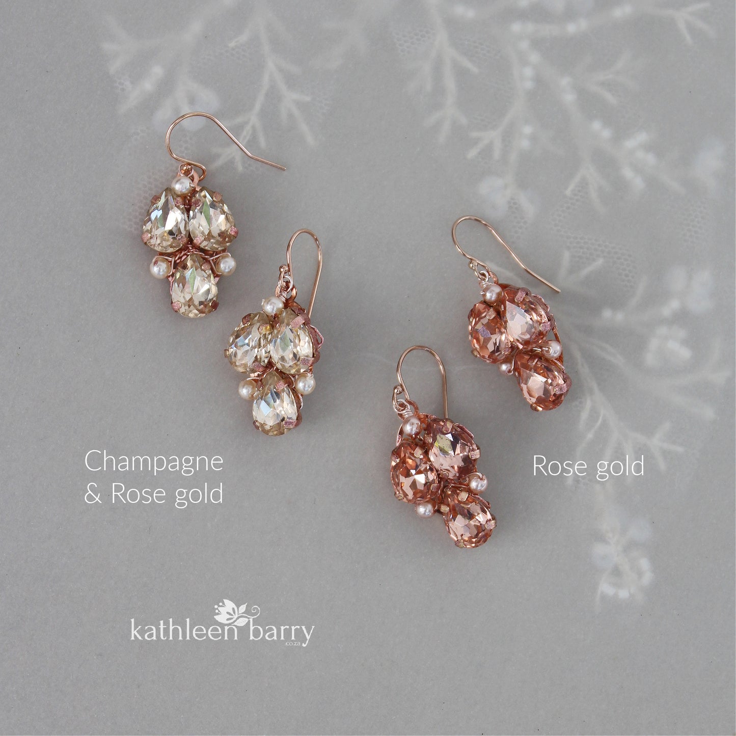 Jessica Rhinestone Pearl Earrings - Champagne Rose gold, gold or silver - Rhinestone colors available