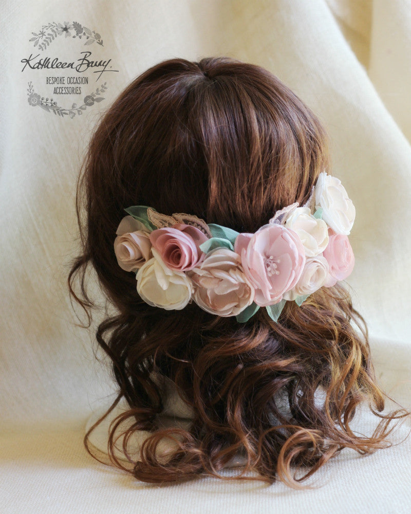 Joanne floral bridal hairpiece - Blush pink, cream and hint of sage green - flower garland clip