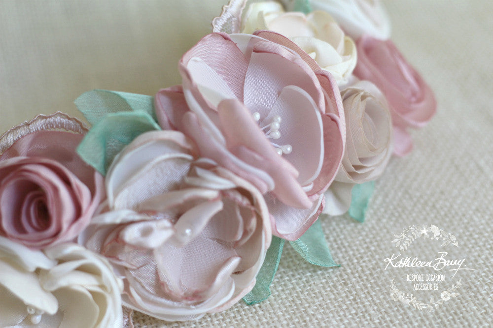 Joanne floral bridal hairpiece - Blush pink, cream and hint of sage green - flower garland clip