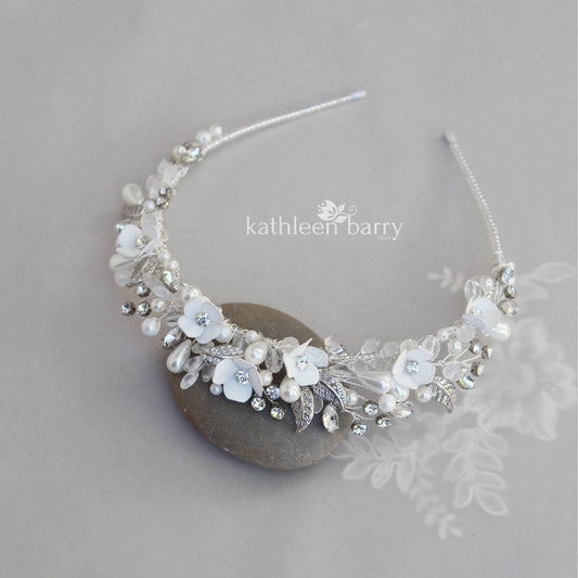 Jolene flower and rhinestone crystal pearl tiara style headband - Color options available - Limited stock available