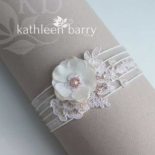 Kelly Garter flower detail and bridal lace Rose gold and blush pink - color options available