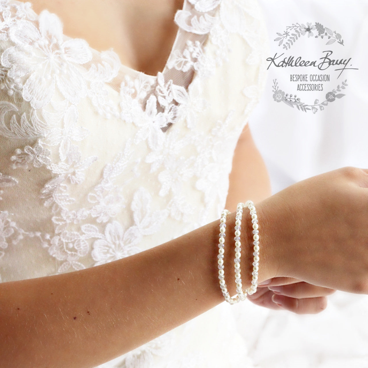 Lauren three strand bracelet - crystal and pearl, flower clasp - 7 pearl colors available