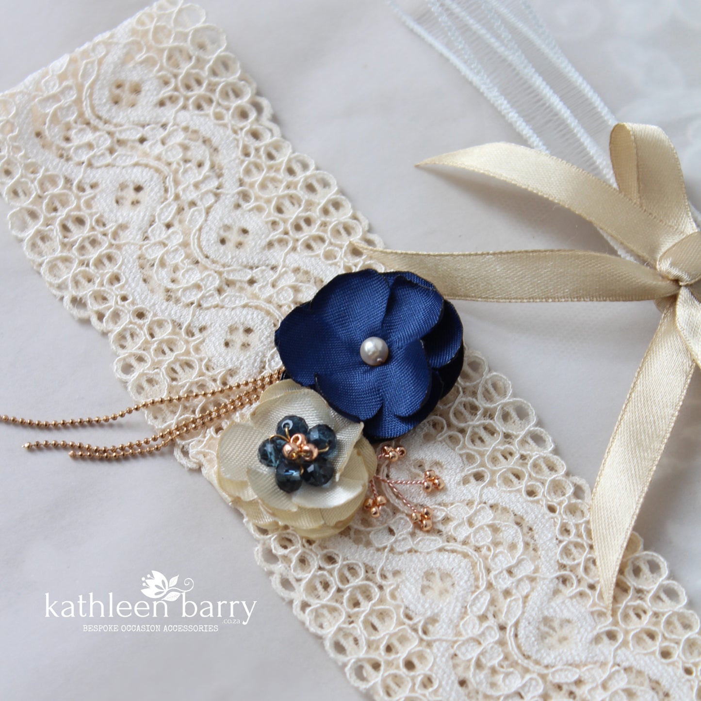 Lauren Garter Navy blue and cream champagne rose gold tones Custom colors to order